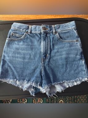 & Other Stories Blue High-Waist Frayed Denim Cutoff Shorts